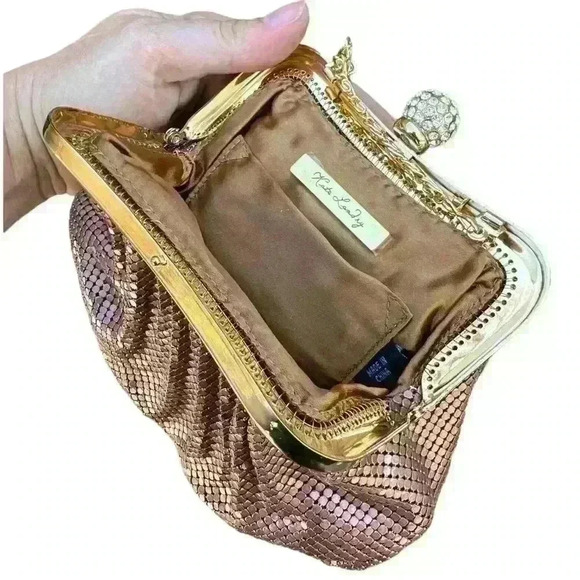 Kate Landry Crystal Sphere Copper Mesh Frame Evening Bag with gold chain - Picture 4 of 6